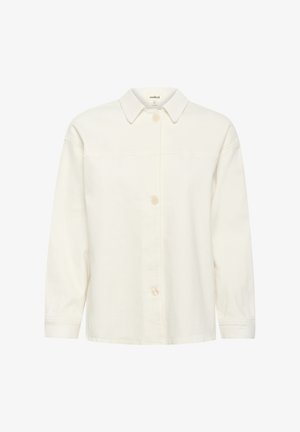 Bílá bavlněná bunda s límcem, dlouhými rukávy a předním zapínáním na knoflíky. Má hladký povrch a minimální detaily šití.