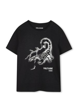 Schwarz, kurzärmliges T-Shirt mit einem weißen Skorpion-Graphic und Blitzdesign, mit dem Text "VOLTAIRE PARIS" am unteren Rand. Weicher Stoff.