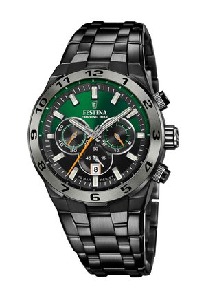 Montre-bracelet en acier inoxydable noir avec un cadran vert et noir, comportant trois sous-cadrans, de grands marqueurs d'heure et un affichage de la date.