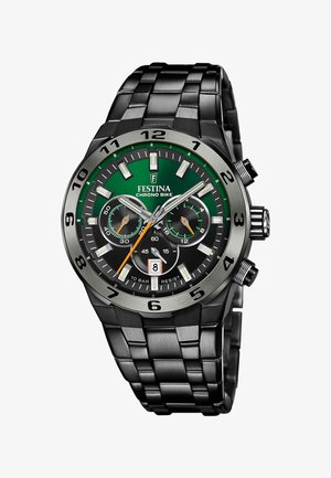 Schwarze Edelstahl-Armbanduhr mit grünem und schwarzem Zifferblatt, drei Zusatzanzeigen, deutlichen Stundenmarkierungen und einem Datumsanzeige.