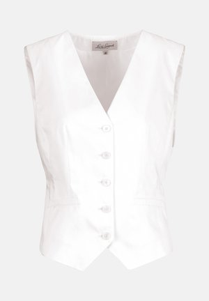 Fehér ujjatlan, szabott mellény öt elöl lévő gombbal, V-nyakkivágással és diszkrét oldalzsebekkel, 42-es méret, Luisa Spagnoli márka.