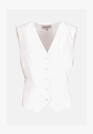 Gilet bianco senza maniche su misura con cinque bottoni frontali, scollo a V e tasche laterali discrete, taglia 42, marca Luisa Spagnoli.