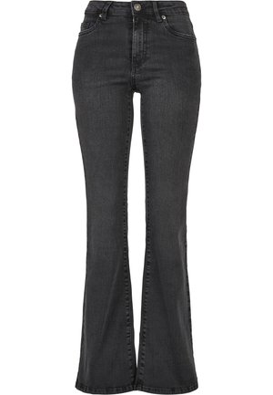 Jean en denim noir évasé avec taille haute, doté d'une fermeture à bouton à l'avant, de deux poches et de coutures visibles le long des coutures.