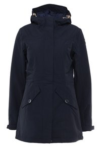 Granatowa wodoodporna kurtka parka z kapturem, wyposażona w dwie przednie kieszenie, zapięcia na napy oraz gładką, wzmocnioną strukturę materiału.