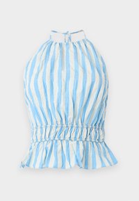 Top halter de rayas azules y blancas con escote recogido, cintura elástica y dobladillo con volantes. Hecho de una tela ligera con un acabado texturizado.