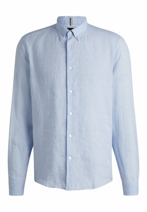 Himmelblaues Langarmhemd aus Leinen mit Button-Down-Kragen, vorderem Knopfverschluss und geradem Saum.