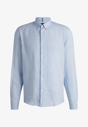 Lysblå langærmet skjorte lavet af hør med krave, der kan knappes ned, frontknaplukning og lige kant.