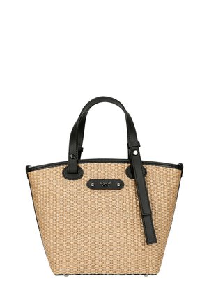 Borsa a tracolla in paglia intrecciata con manici e dettagli in pelle nera. Presenta una placca con logo nera e un design strutturato e affusolato.