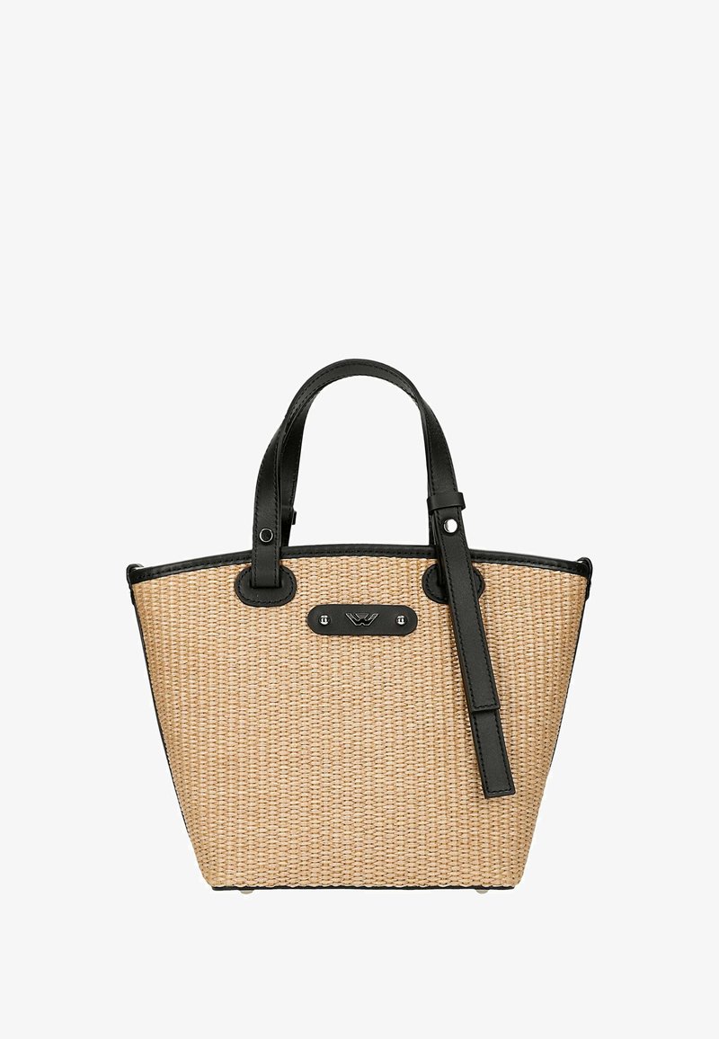 Borsa a tracolla in paglia intrecciata con manici e dettagli in pelle nera. Presenta una placca con logo nera e un design strutturato e affusolato.