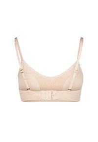 Beige trådlös bh tillverkad av mjuk tyg. Har släta kupor, justerbara axelband och detaljer i guldton. Hak-och-ögla stängning i ryggen.