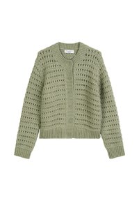 Hellgrüner gehäkelter Cardigan mit rundem Halsausschnitt, Knopfverschluss und geripptem Saum. Präsentiert offene Strickdetails auf der gesamten Fläche.