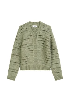 Light green crochet cardigan with a round neckline, button closure, and ribbed hem. Features open stitch detailing throughout.