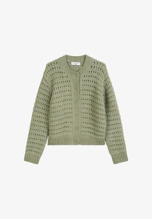 Light green crochet cardigan with a round neckline, button closure, and ribbed hem. Features open stitch detailing throughout.
