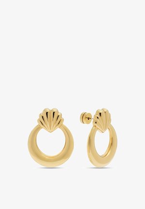 Goldene Creolen mit Muschel-Design an der Oberseite, mit polierter Oberfläche und Verschlüssen mit Stecker-Rückseite, gezeigt aus Vorder- und Seitenansichten.