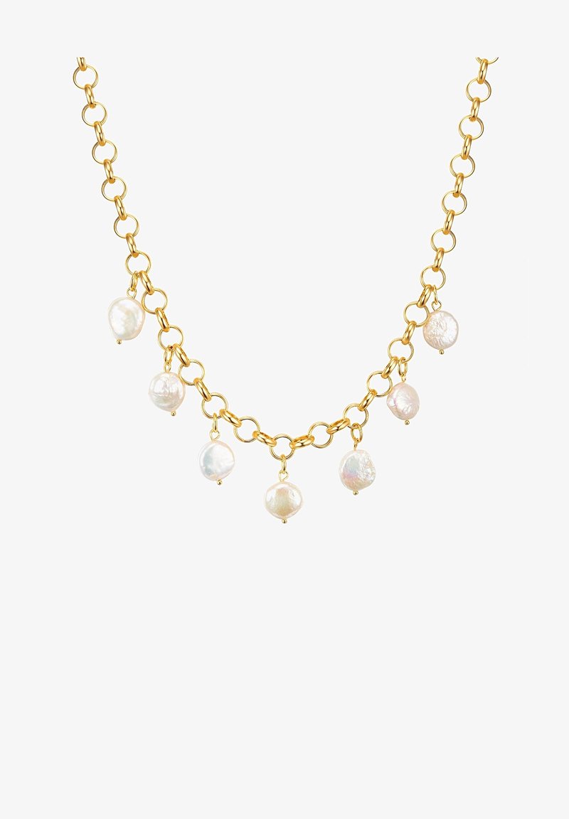 Guld kædedesignet med ujævne, ovale hvide perler hængende fra led, der viser forskellige teksturer og subtil iridescens i perlerne.