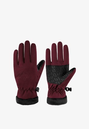 Burgunderrote Outdoor-Handschuhe aus weichem Stoff mit handflächenseitigem schwarzen Struktur-Material. Verfügt über einen verstellbaren Abschluss und ein kuscheliges Innenfutter für zusätzliche Wärme.