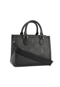 Borsa nera realizzata in pelle strutturata, con due manici superiori e una tracolla staccabile. La superficie presenta motivi floreali in rilievo.