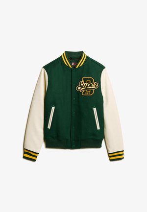 Grüne Woll- und weiße Leder-Baseballjacke mit gelben Akzenten, ausgestattet mit Druckknöpfen, Taschen und gesticktem Logo auf der Brust.