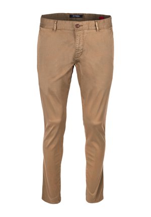 Pantaloni in cotone beige con design a gamba dritta, dotati di chiusura con bottone, stile a cinque tasche e una leggera lucentezza nel tessuto.