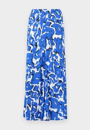 Long skirt featuring a blue and white abstract pattern, lightweight fabric, wide waistband, and a straight silhouette with side slits.