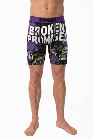 Schwarze und violette Herren-Boxershorts mit violetten Rosen, Skelett-Händen und weißem Text mit "Broken Promises" und "I Wish Things Could Be Different."