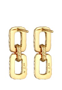 Goldene Ohrringe mit einem doppelten rechteckigen Design und strukturierter Oberfläche sowie einem verbindenden Element. Sichere Steckverschluss.
