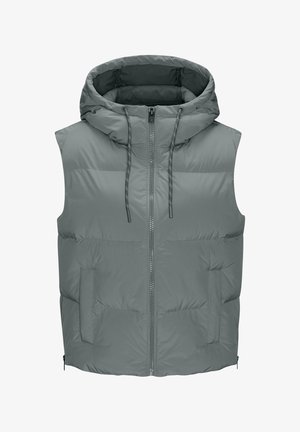 Puffy sleeveless vest in light gray, featuring a hood, front zipper, and two side pockets. Made from a smooth, insulated material.