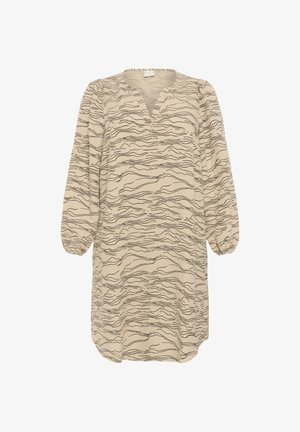 Kreminė suknelė su V formos iškirpte ir 3/4 pūstomis rankovėmis. Yra juoda banguota linijų raštais, laisvai krentanti forma ir šiek tiek apvaliu kraštu.