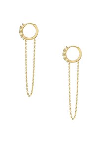 Zelta riņķveida auskari ar ķēdi, ar apaļu dizainu un akcentētiem mazajiem taisnstūra dārgakmeņiem gar augšējo mali.