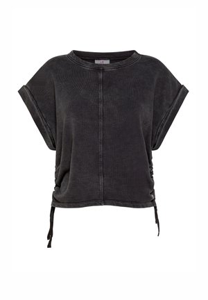 Zwarte cropped top van zachte stof, met een ronde hals, korte mouwen en zijklopping met verstelbare strikjes.