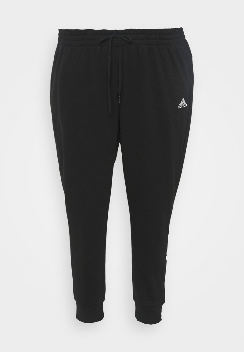 Sorte sweatpants med elastisk talje, justerbar snøre og tapered ben. Har et lille hvidt Adidas-logo på venstre ben.