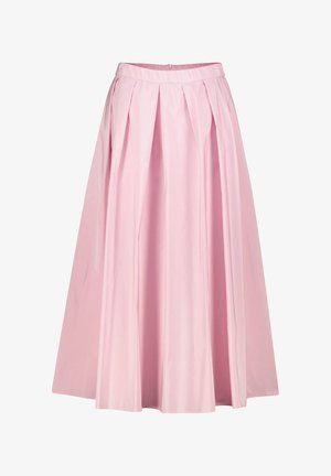 Jupe midi plissée rose avec une silhouette ample, fabriquée en tissu léger, dotée d'une taille et d'une fermeture éclair dissimulée à l'arrière.