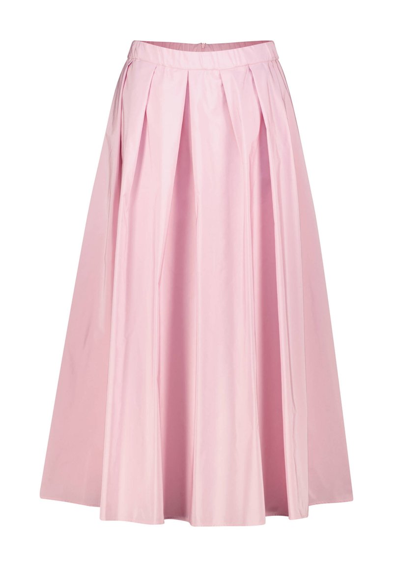 Jupe midi plissée rose avec une silhouette ample, fabriquée en tissu léger, dotée d'une taille et d'une fermeture éclair dissimulée à l'arrière.