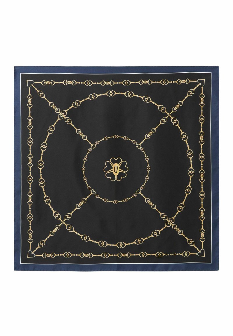 Pañuelo de seda con fondo negro, que presenta un patrón de cadenas doradas y motivos de corazones, con un borde en azul marino. El diseño central incluye una forma floral.