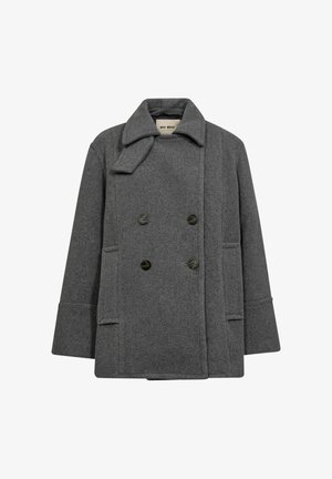 Gray double-breasted coat made from a textured fabric. Features a notched collar, large buttons, and side pockets.