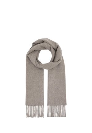 Light gray soft wool scarf with twisted loop, fringed ends, and small embroidered logo near one fringe on white background.