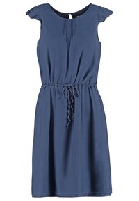 Vestido azul marino con mangas cortas en volantes, escote plisado, cintura ceñida con cinta y un corte relajado que cae justo por encima de la rodilla.