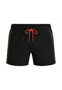 Pantaloni da nuoto neri con vita elasticizzata e lacci rossi, caratterizzati da strisce laterali rosse e una texture liscia.