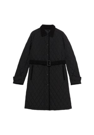 Abrigo acolchado negro con cierre de botones, gran cuello y cintura ceñida con cinturón. Cuenta con dos bolsillos laterales y puños enrollados, fabricado en un tejido ligero.