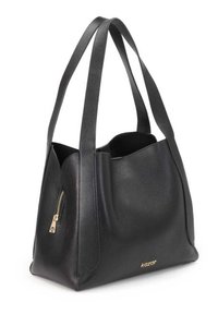 Borsa a tracolla in pelle nera con superficie testurizzata, dotata di due lunghe cinghie, una zip laterale e un elegante logo dorato. Design morbido e strutturato.