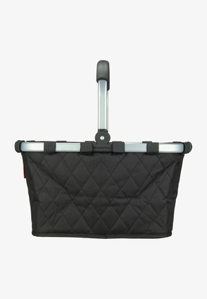 Panier de shopping en tissu matelassé noir avec un cadre en aluminium, une poignée rembourrée et des attaches sécurisées le long du bord supérieur.