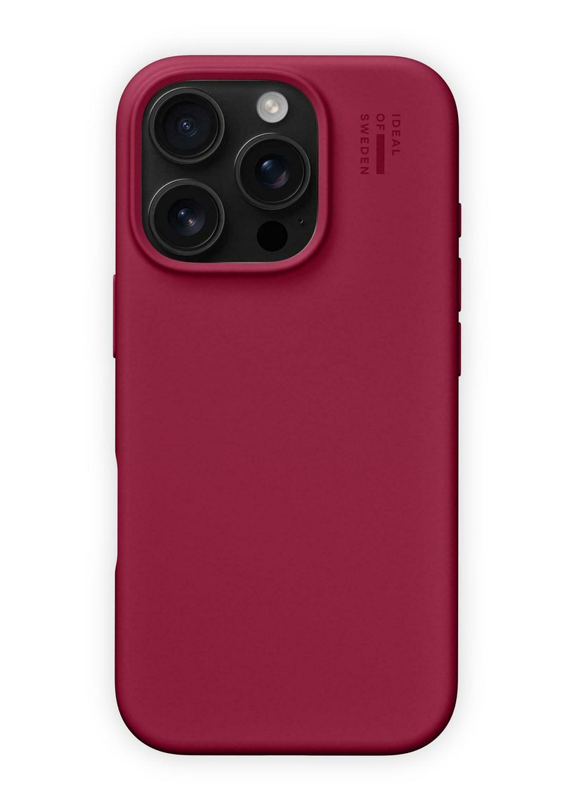 Piros szilikon telefonház texturált felülettel, kivágásokkal a kamera lencsékhez és gombokkal az oldalon. A tetején dombornyomott logó található.