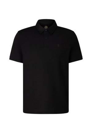 Sort poloshirt med korte ærmer, krave og to-knaps lukning. Har en lille præget logo på brystet. Glat stoftekstur.