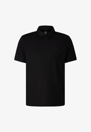 Zwart poloshirt met korte mouwen, kraag en twee-knops sluiting. Voorzien van een klein reliëflogo op de borst. Soepele stoftextuur.