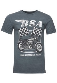 Grå bomulds-t-shirt med en vintage motorcykelgrafik, tjekkede flag og teksten "BSA", mærket "Fremstillet i Birmingham, England."