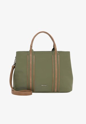 Bolso de cuero verde y marrón con asas dobles y correa de hombro desmontable, con rayas verticales y detalle de logo plateado.