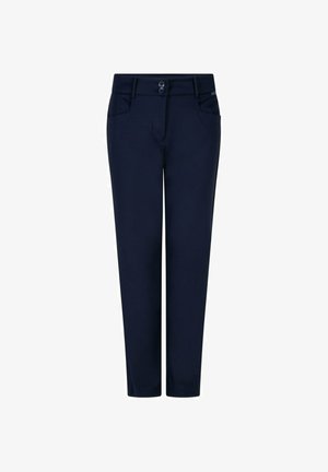 Marineblauwe rechte broek met steekzakken, riemlussen en een dubbele knoopsluiting in de taille.