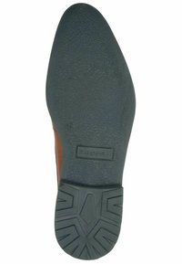 Sole in pelle marrone con una suola in gomma nera testurizzata, caratterizzata da un distintivo motivo geometrico del battistrada e dal logo "bugatti".