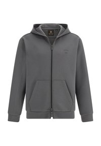Sudadera gris con cremallera hecha de una tela suave. Presenta una capucha, dos bolsillos frontales, puños de canalé y un logotipo sutil en el pecho.