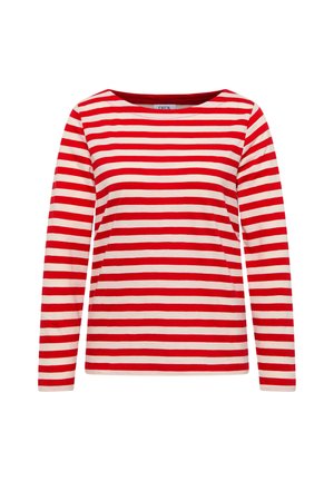 Chemise à manches longues avec des rayures horizontales rouges et blanches, un col large et en matériau coton doux. Design minimaliste sans détails supplémentaires.